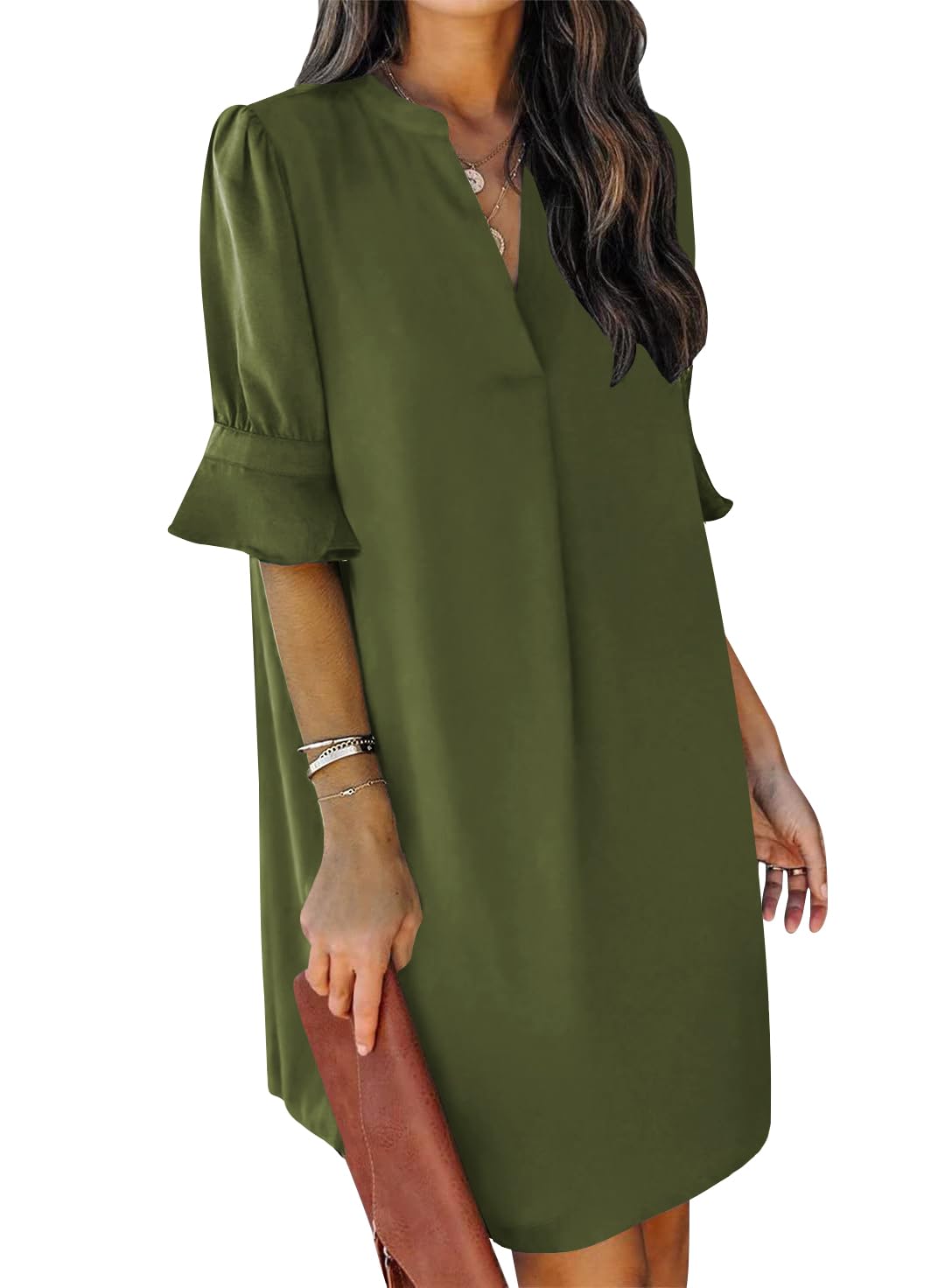QACOHU Summer Dresses for Women V Neck Ruffle Short Sleeve Shift Dress