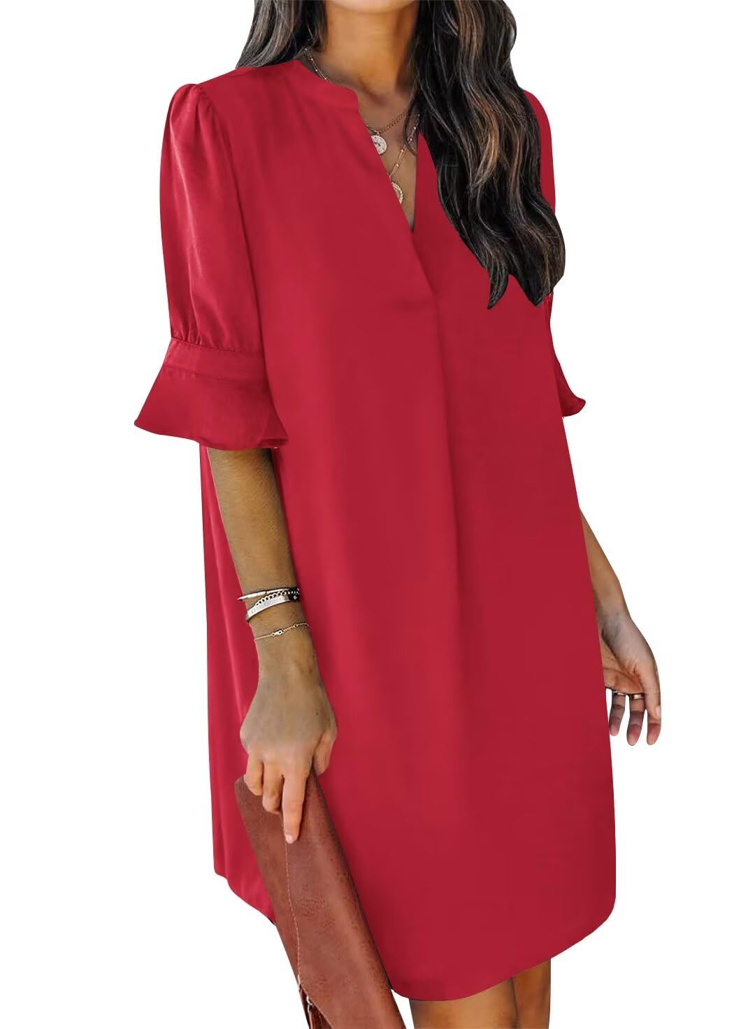 QACOHU Summer Dresses for Women V Neck Ruffle Short Sleeve Shift Dress