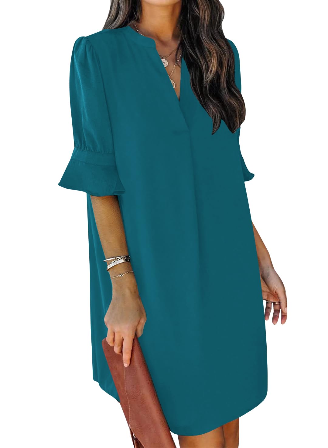 QACOHU Summer Dresses for Women V Neck Ruffle Short Sleeve Shift Dress