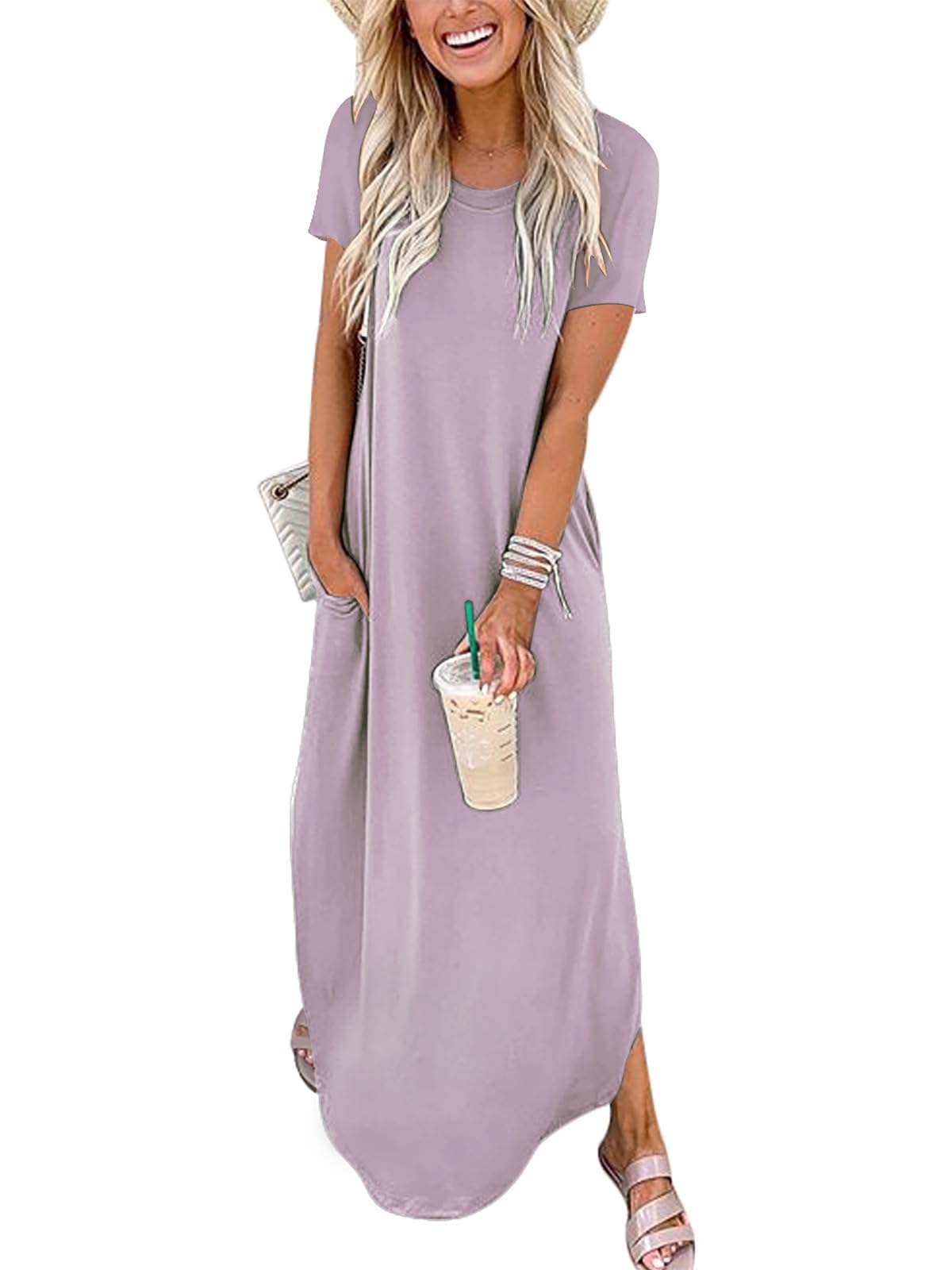 ANRABESS Womens Summer Maxi Dress Short Sleeve Casual Loose Long T Shirt Dresses Split Vacation Beach Sundress Travel Outfits