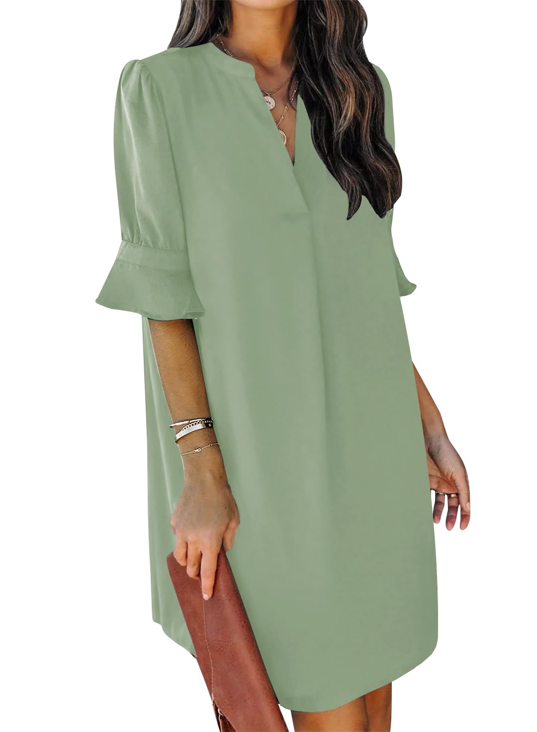 QACOHU Summer Dresses for Women V Neck Ruffle Short Sleeve Shift Dress