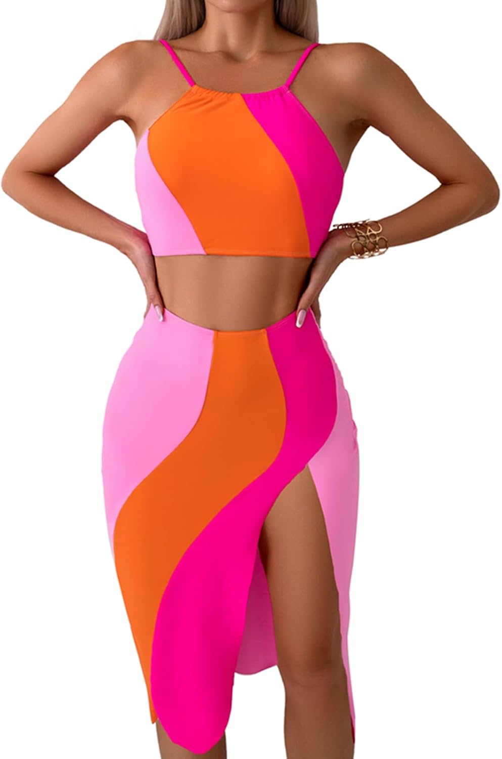 Colorblock Couples Matching Swimsuit His and Hers, Women Swimsuit 3 Piece Set with Skirt, Men Swimtrunks with Lining