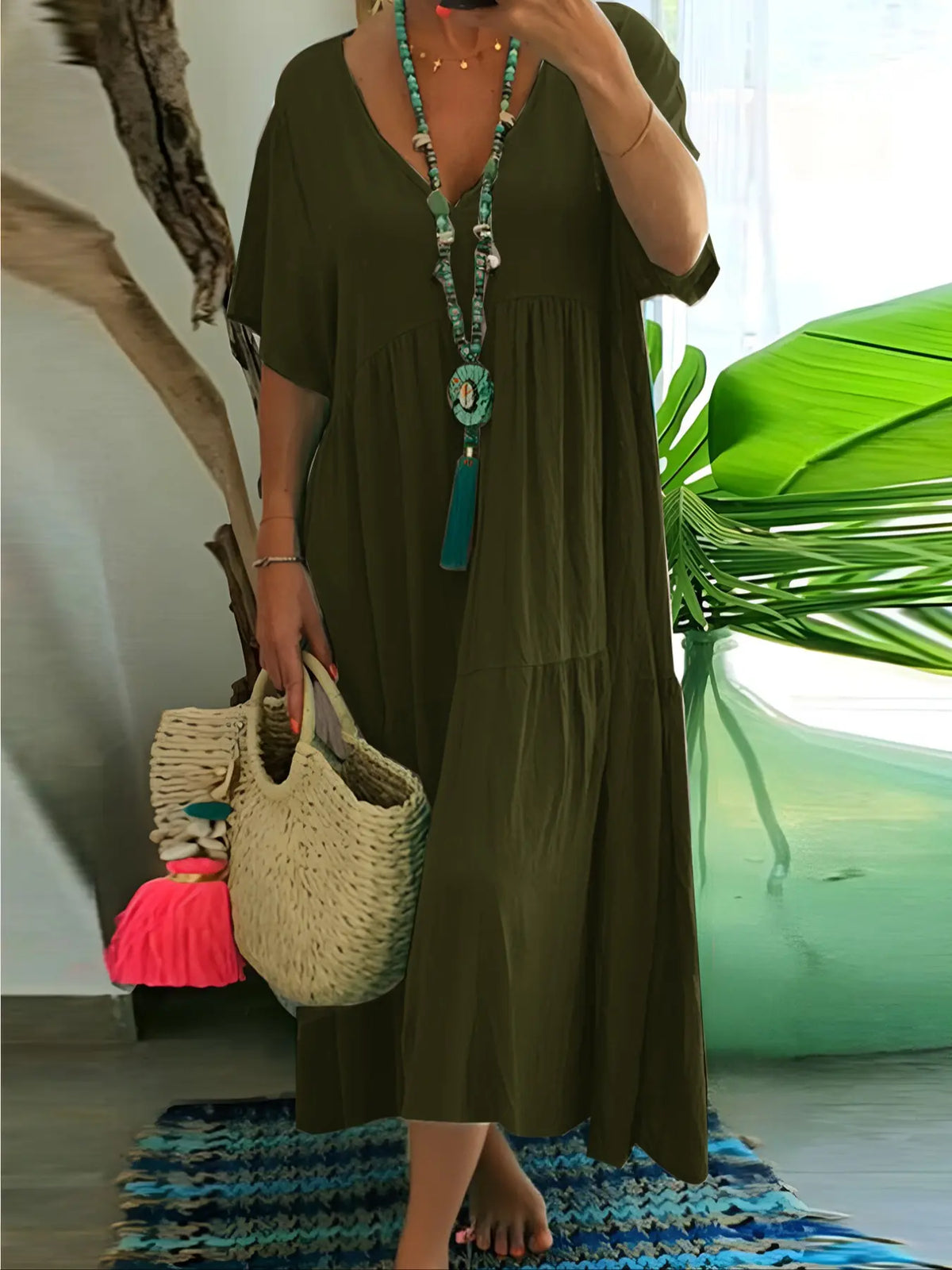 Plus Size Women's Summer Casual Loose V-Neck Plain Long Dress Boho Style, Short Sleeve, Tiered Layer, Spring & Fall Fashion Vibe