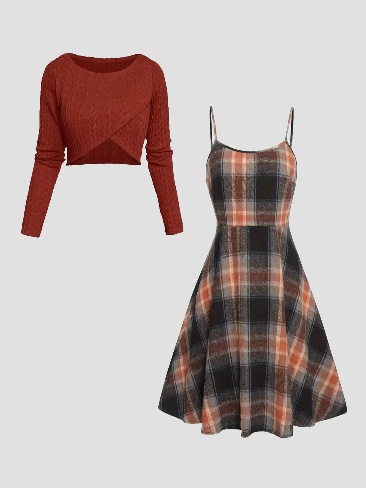 Women's Solid Wrap Hem Round Neck Textured Long Sleeve Crop Top & Plaid Print A-Line Dress Set, Preppy Fashion Cozy Stretchy Casual Chic Outfit for School, Daily & Casual Wear, Women's Clothing for Spring & Fall, Casual Lightweight Dress