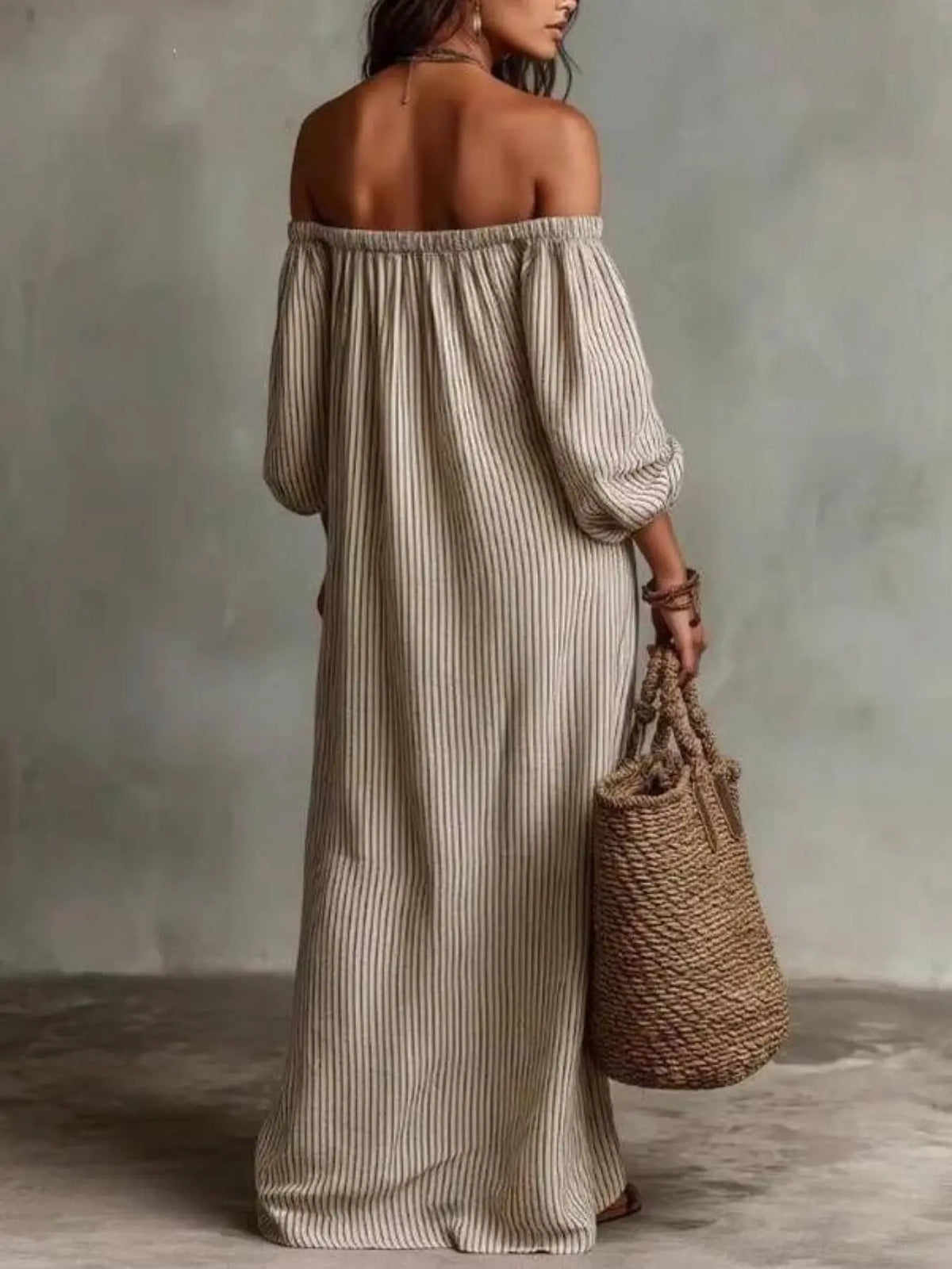 Summer New Elegant Chic Loose Off-Shoulder Striped Dress Sundress