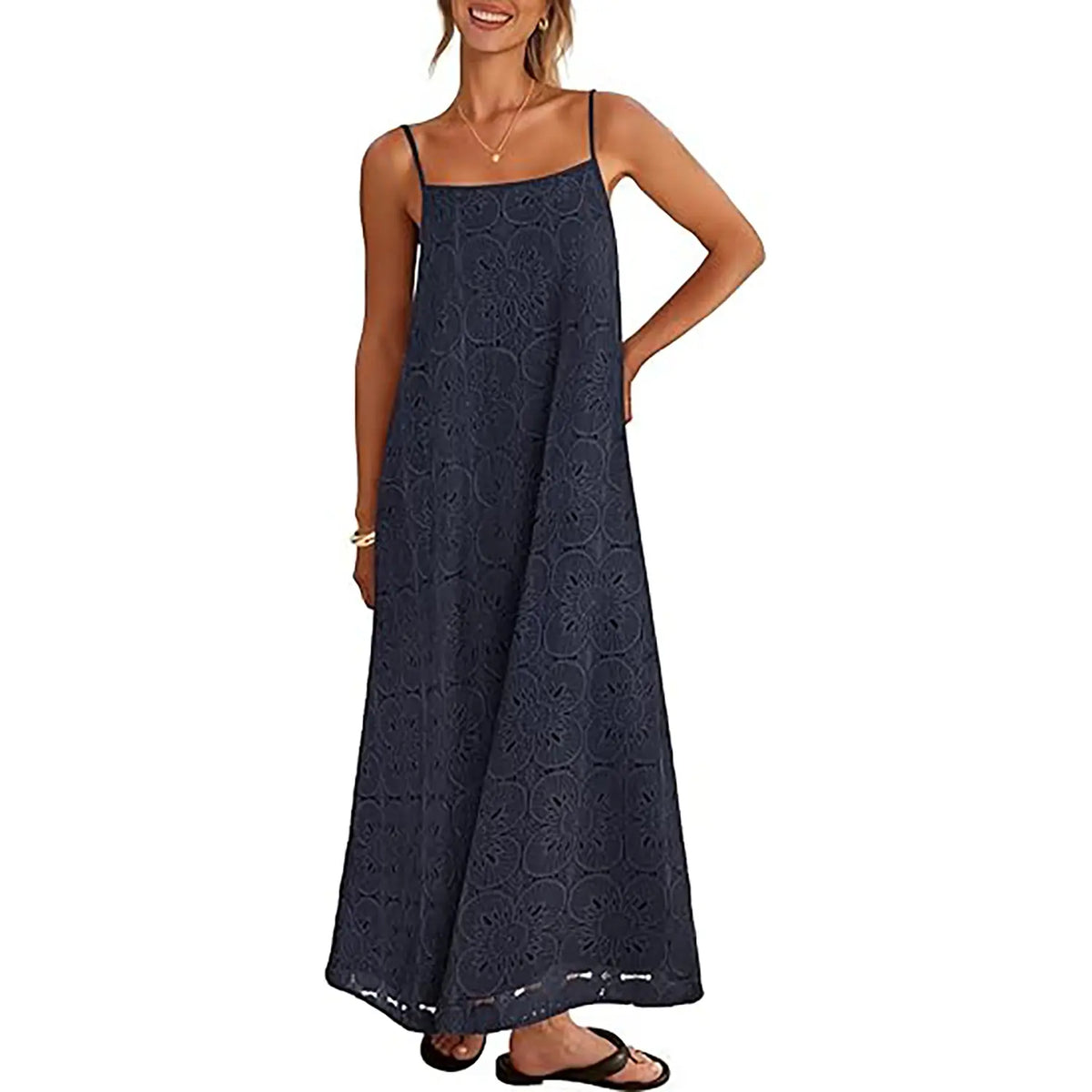 MEROKEETY Women's 2026 Summer Bohemian Spaghetti Strap Sundress - Casual Wear, Sleeveless Floral Lace Eyelet Boho Casual Fashion Beach Maxi Dress
