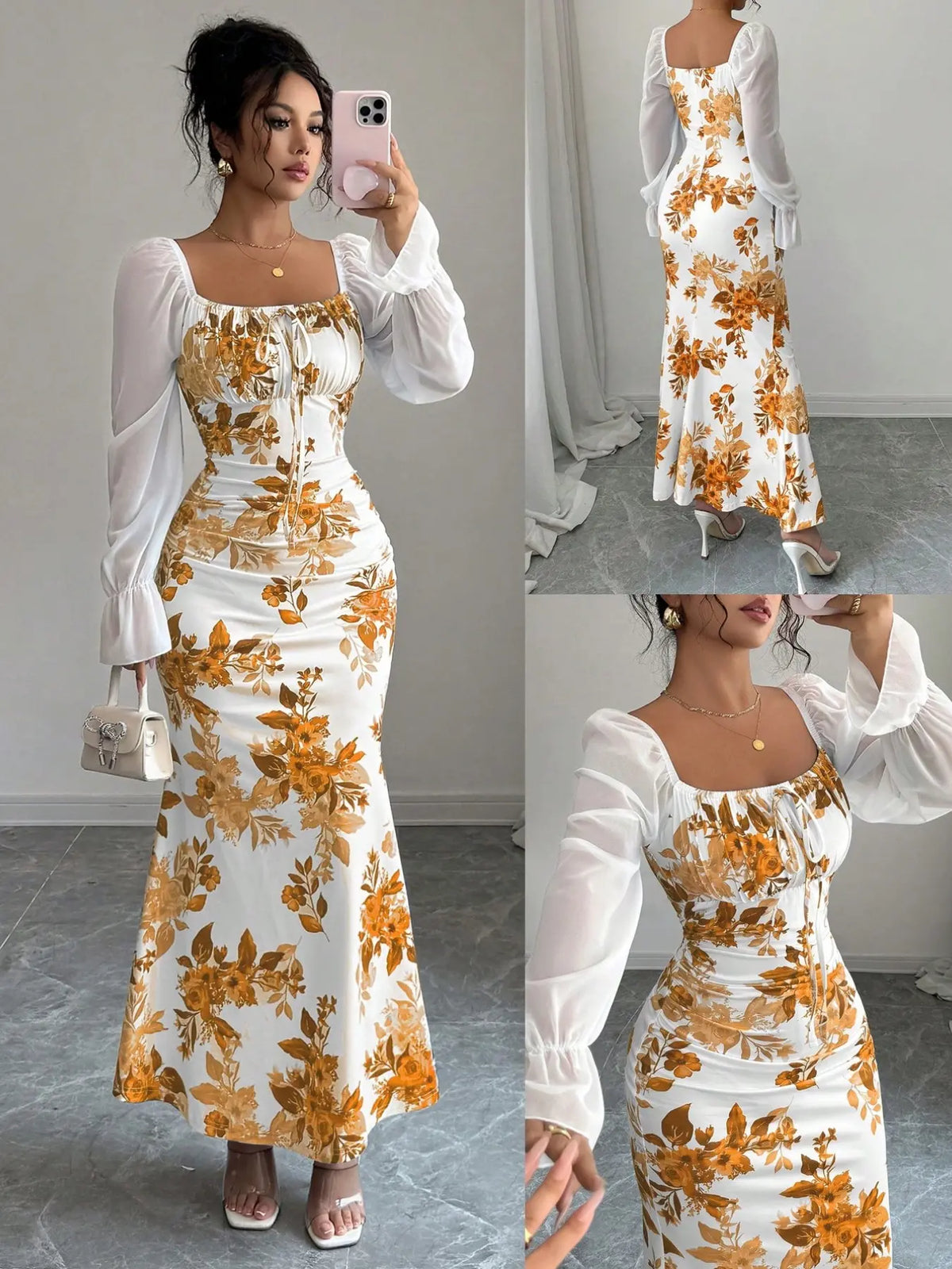 New Women's Floral Pattern Square Neck Tie Front Bubble Sleeve Chiffon Dress Summer Dresses, Casual Boho Breathable, Elegant Long Dress for Parties, Casual Wear, Chic Slim-Fit Dress for Spring, Summer and Fall, Boho Style Clothes