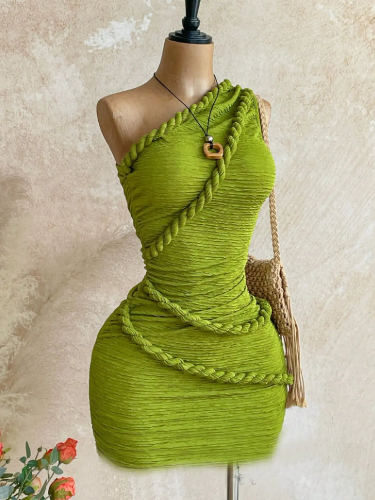 Elegant Bohemian Boho Style One-Shoulder Mini Dress, Women's Vintage Braided‑Trim Bodycon Dress, Casual Chic Fashion Dress for Summer Vacation & Beach Occasions