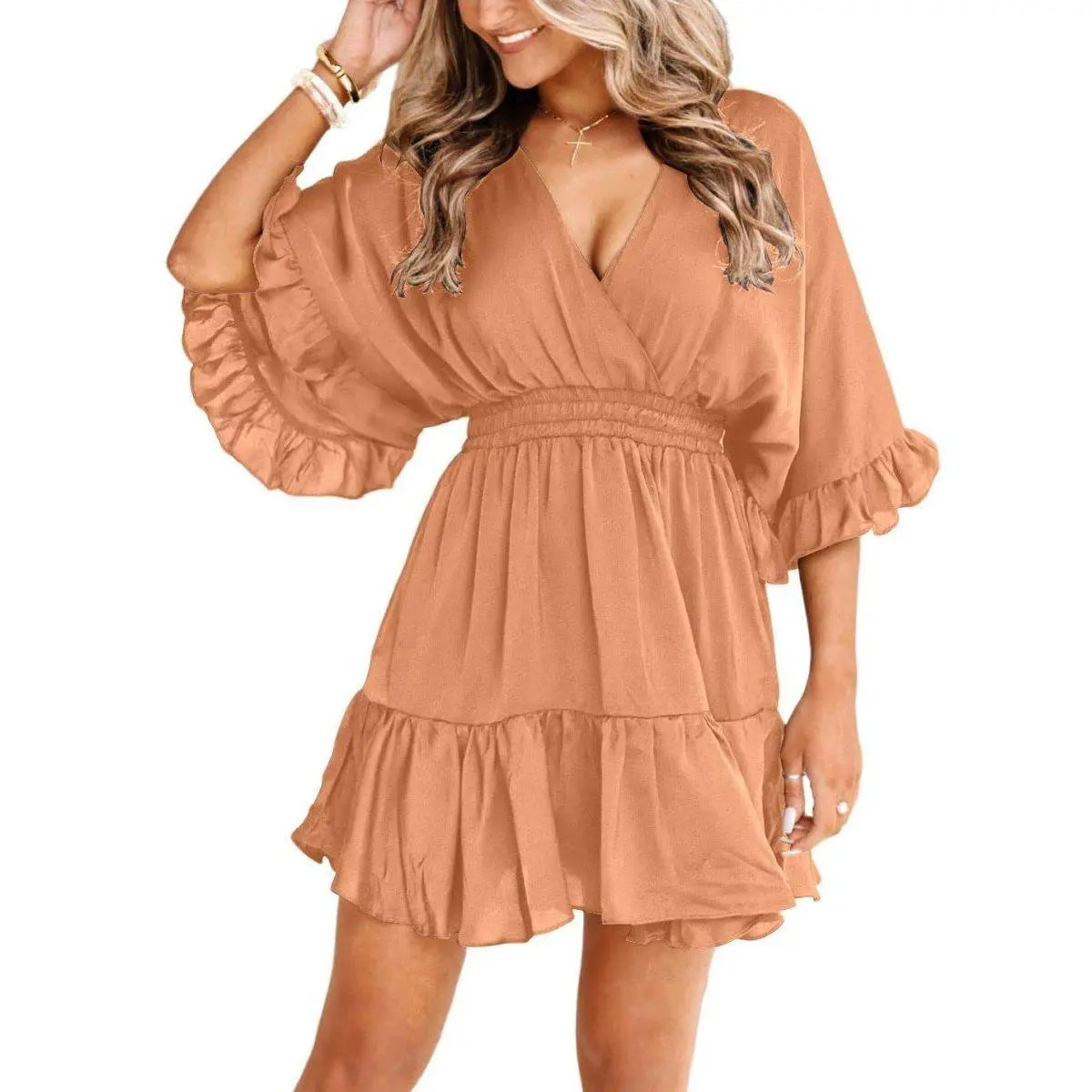 Imily Bela Womens V Neck Casual Dresses Summer Loose High Waist Ruffle Pleated Cute Mini Short Dress