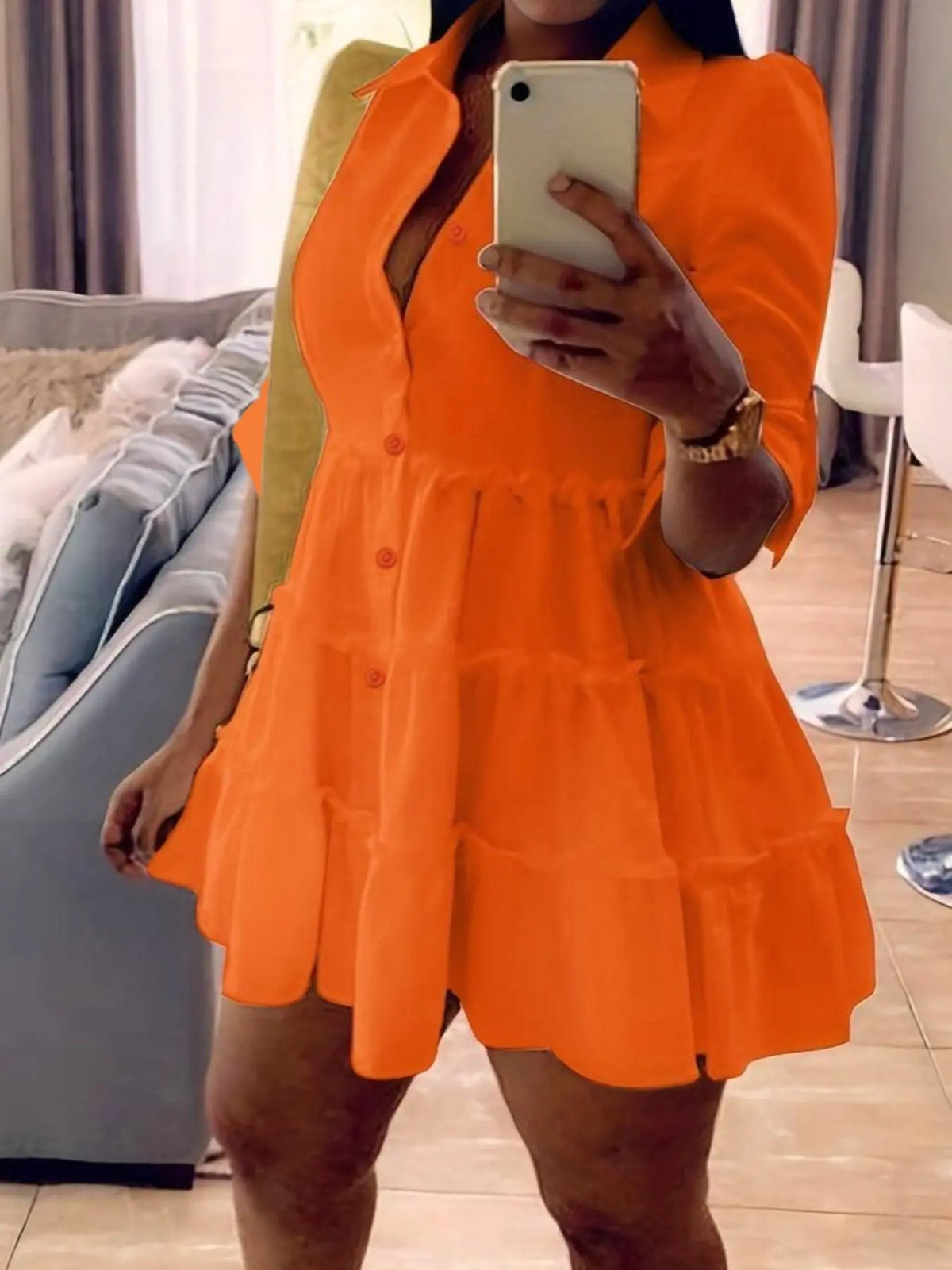 Women's Plain Collared Button-Front Shirt Dress with Frill Trim & Roll-Up Sleeves, Elegant Fashion Fitted Short Dress for Daily Outdoor Wear, Casual Summer Dress, Buttoned Dress, Chic Womenswear