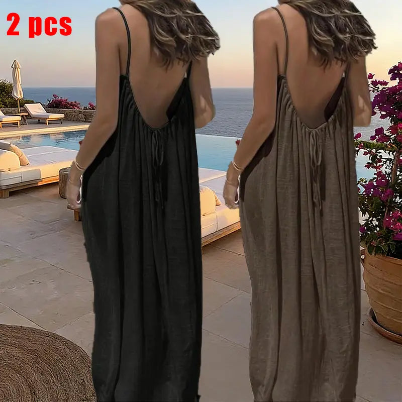 GYNLEUX Women's Basic Solid Color Backless Cami Dress - 1-3 Pcs, Comfortable Fabric Casual Women's Clothing for Summer Beach Holiday Sleeveless Dress, Backless Dress