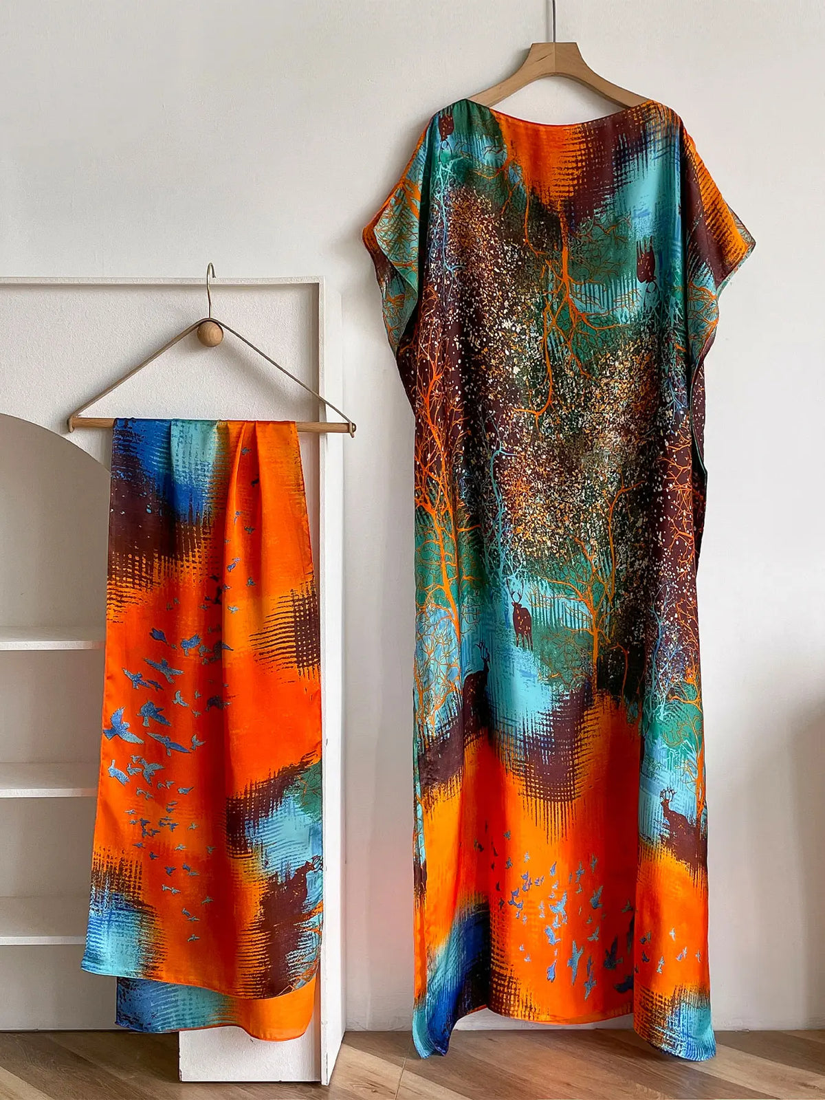 Women's Fashion Print Long Robe Outfit Set, Moomoo Dress + Scarf Headband, Casual Woven Fabric Thin All-Season Wear, Beach Sun Protection