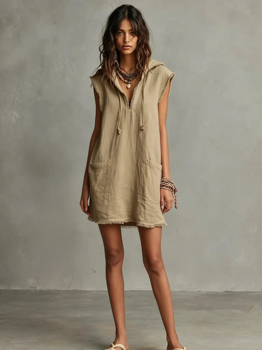 Minimalist Lightweight Linen Blend Sleeveless Dress with Hat, Summer V-Neck Frayed Edge Short Mini Dress, Women's Vacation