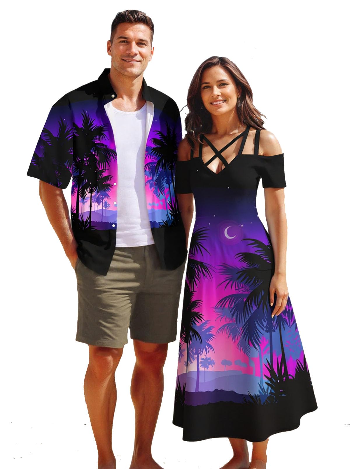 Matchable Couple Hawaiian Coconut Tree Print Shirt or Plus Size Midi Cold Shoulder Dress