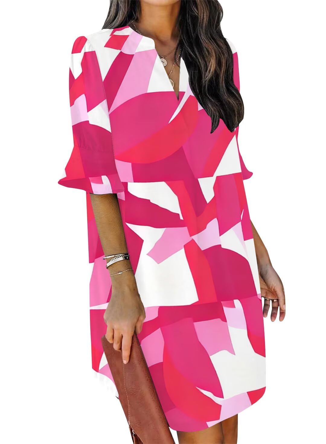 QACOHU Summer Dresses for Women V Neck Ruffle Short Sleeve Shift Dress
