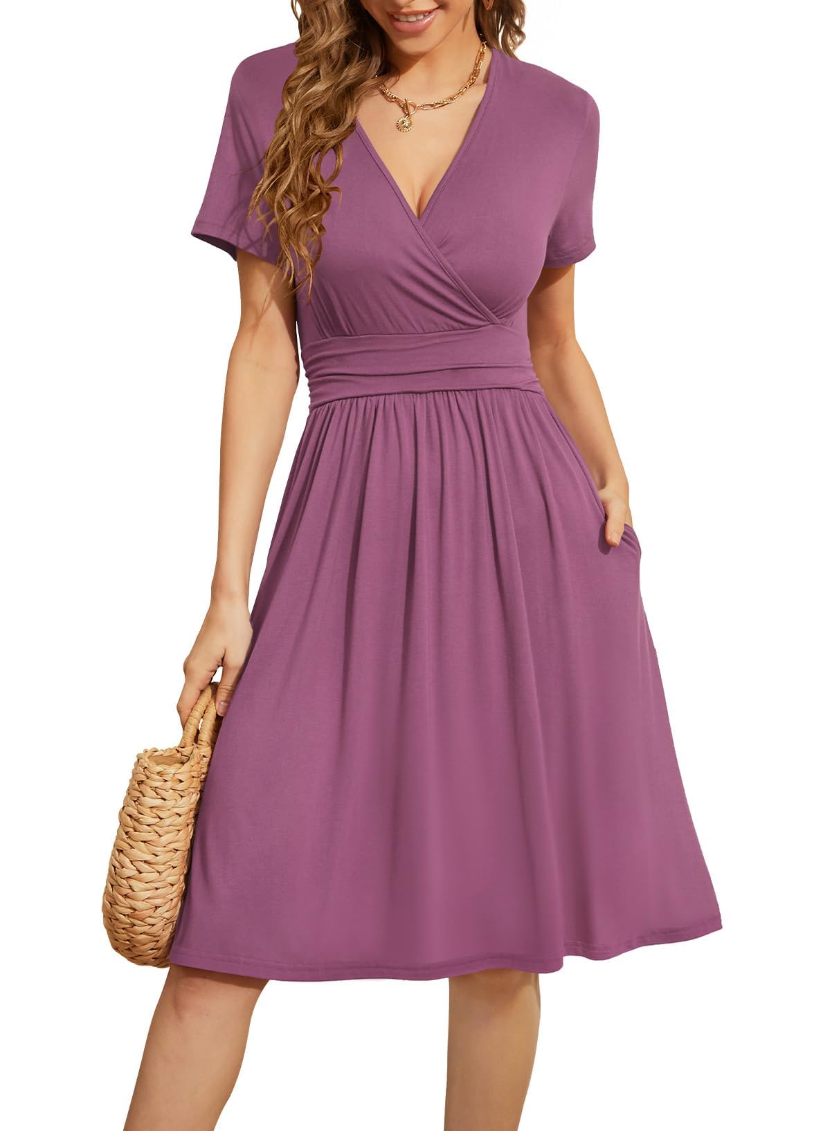 WEACZZY Women's Summer Short Sleeve Casual Dresses V-Neck Floral Party Dress with Pockets