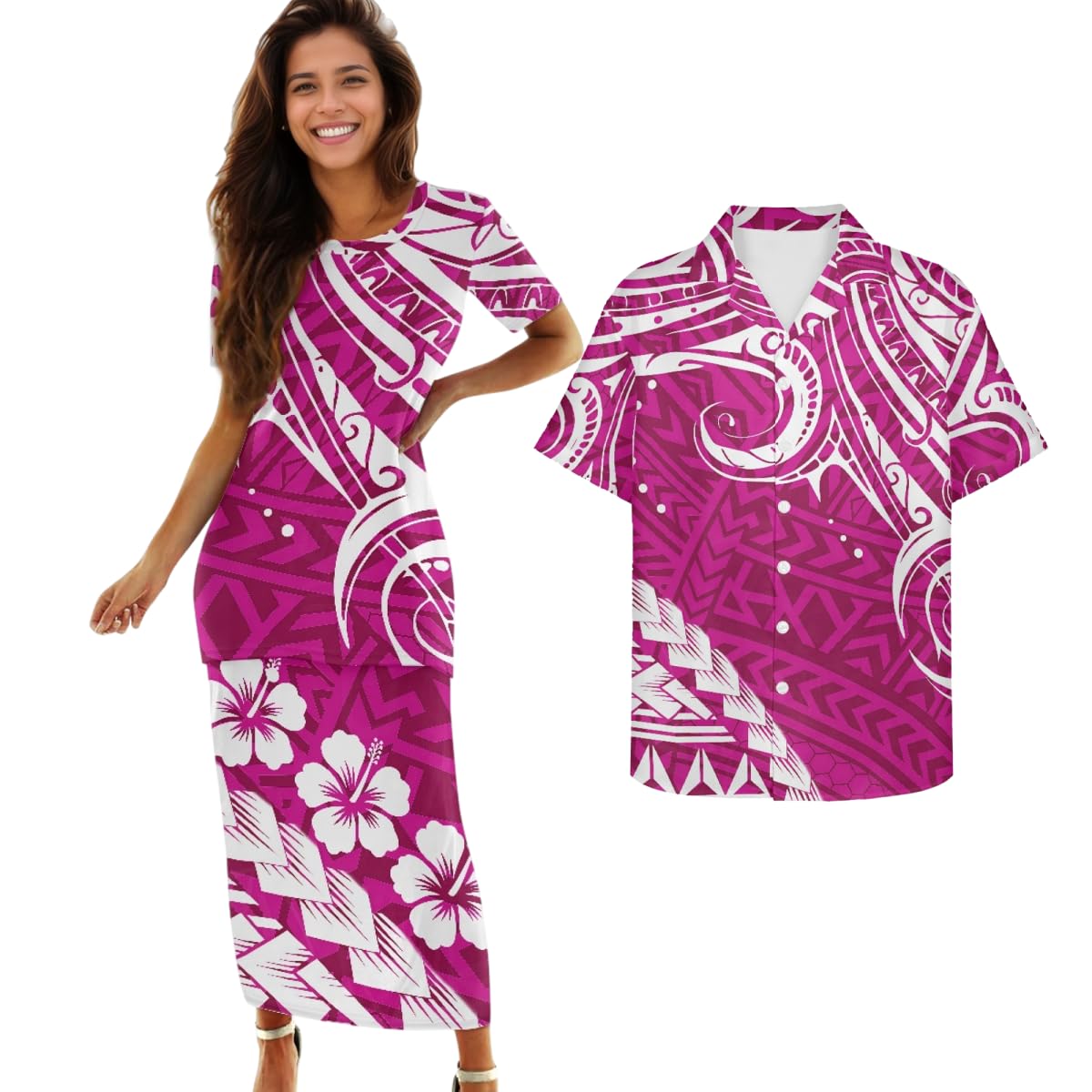 Samoa Couple Outfit Polynesian Dress for Women Traditional Puletasi Shirts for Men Beach Lava Lava Luau