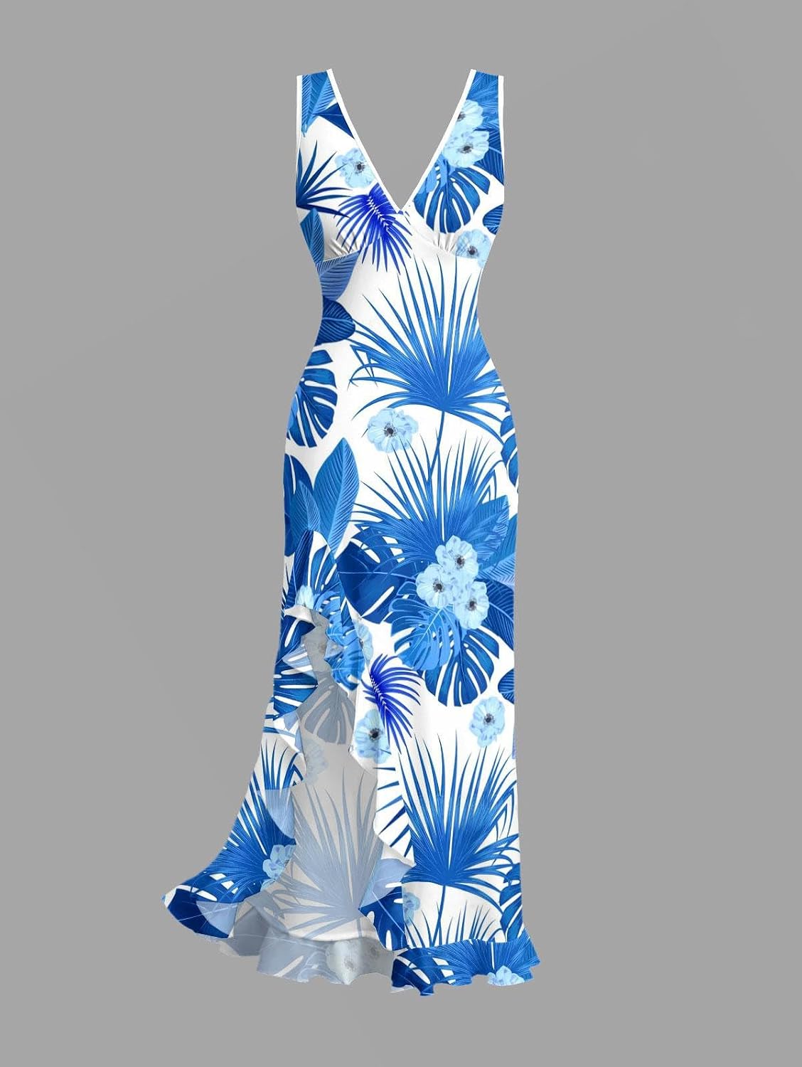 DRESSFO Couple Matching Hawaiian Outfits Flower Leaf Printed Ruffles Split Dress or Men's Short Sleeve Button Up Shirt