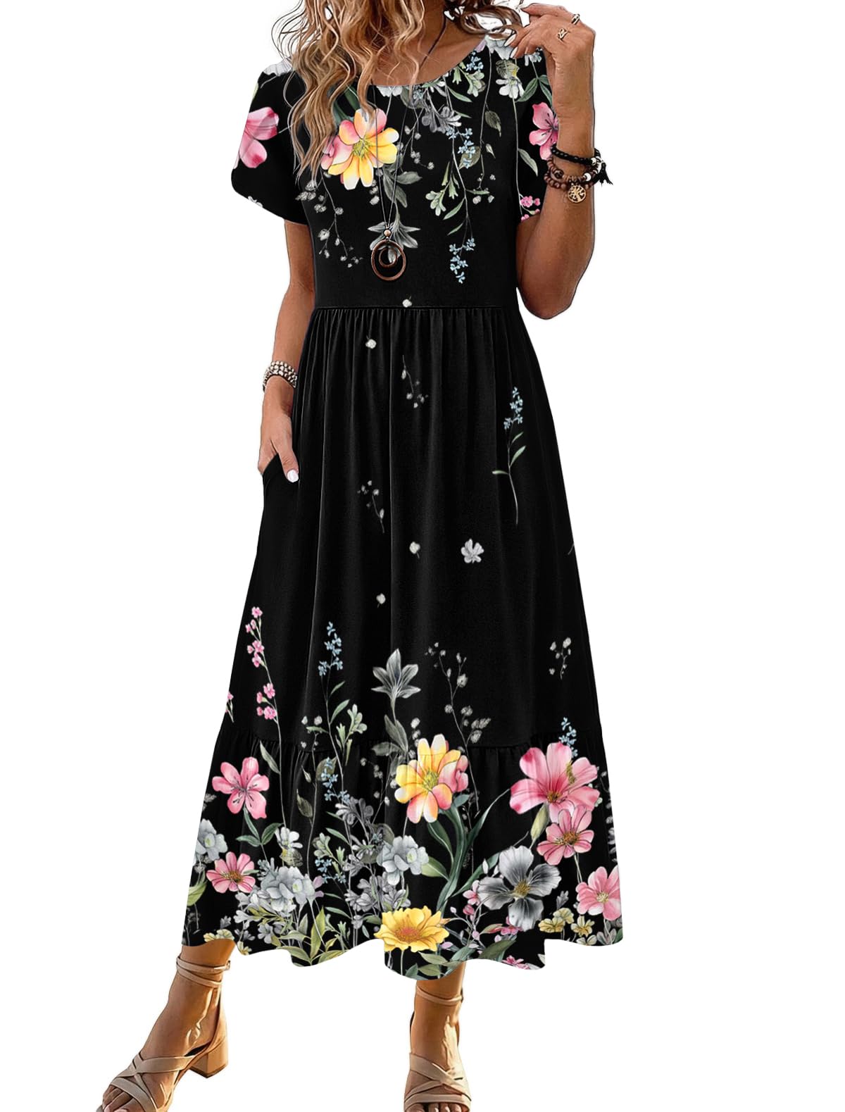 Zeagoo Women Summer Midi A Line Dress Short Sleeve Casual Flowy Tiered Beach Long Sundress with Pockets 2026 Vacation Travel