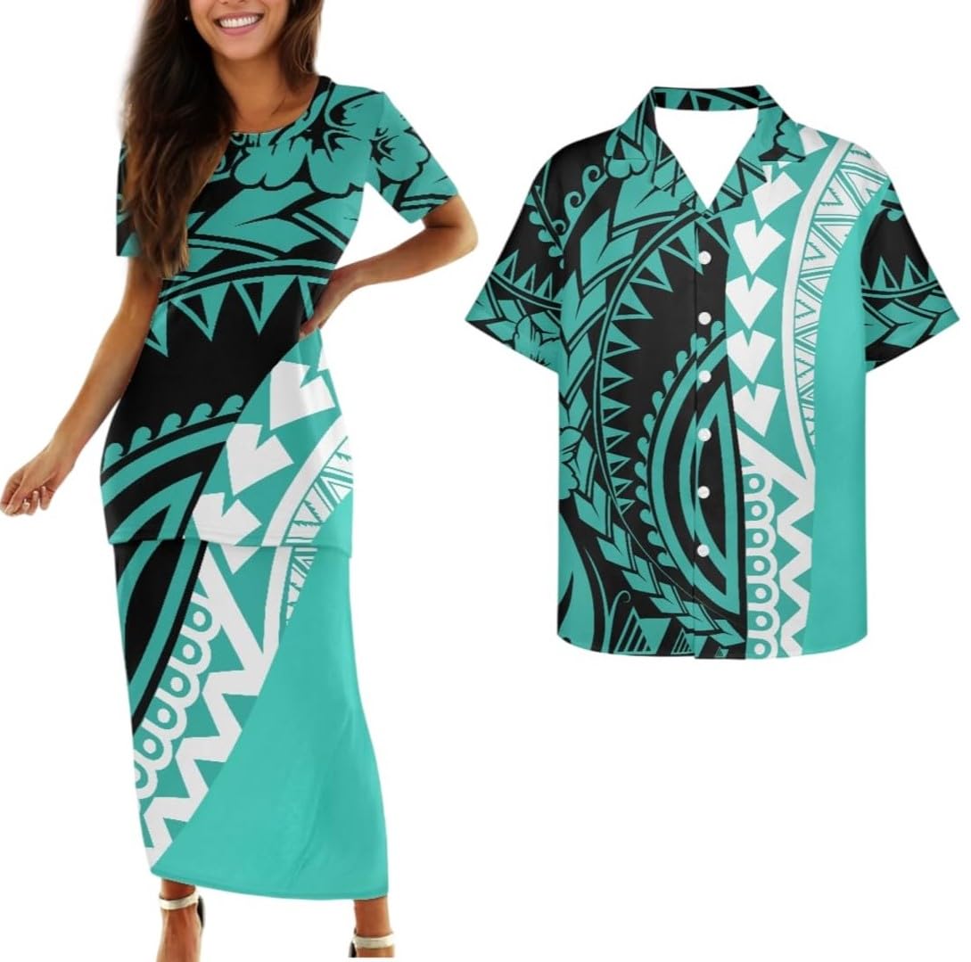 Samoa Couple Outfit Polynesian Dress for Women Traditional Puletasi Shirts for Men Beach Lava Lava Luau