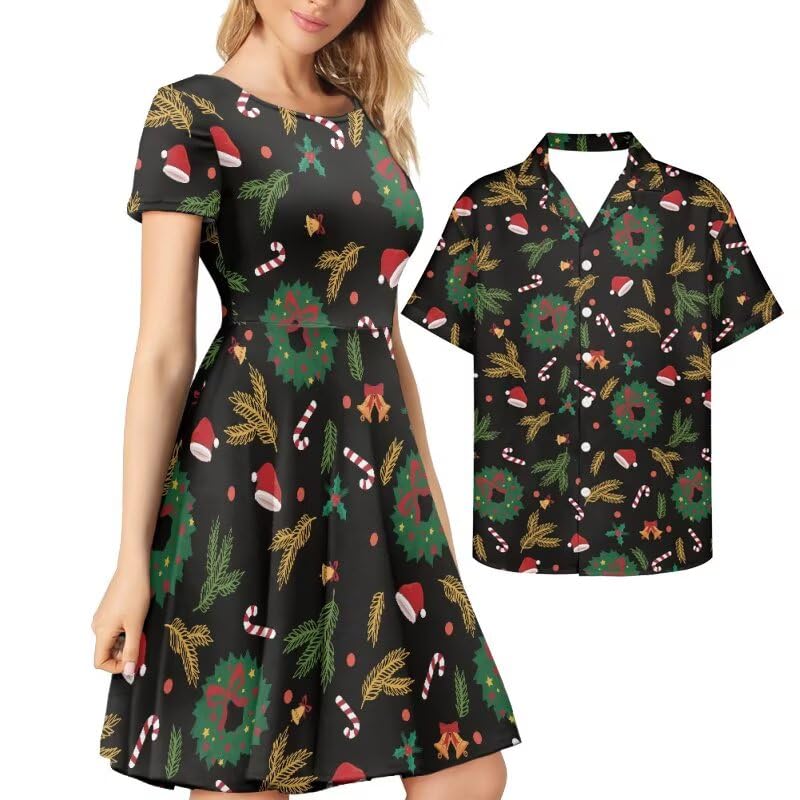 AmzPrint Couple Christmas Shirt and Dress Womens Elegant Short Sleeve Round Neck Cocktail Party Green Xmas Swing Dress