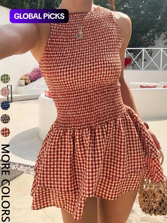Women Sleeveless Round Neck Gingham Mini Dress Smocked Bodice Tiered Ruffle Hem A Line Short Dress Slim Fit Flowy Skirt Trendy Casual Outfit Versatile Summer Dress for Beach Vacation Daily Going Out Look