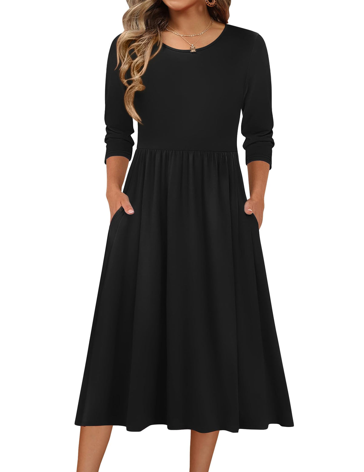 Zeagoo 3/4 Sleeve Women's Dress Casual Aline Summer Fall Midi Long Dresses