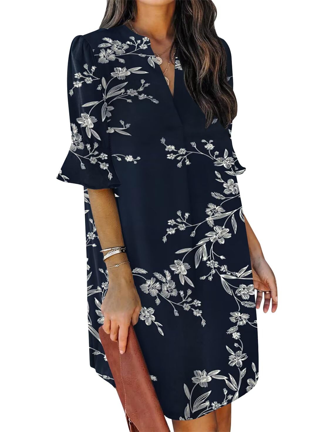 QACOHU Summer Dresses for Women V Neck Ruffle Short Sleeve Shift Dress