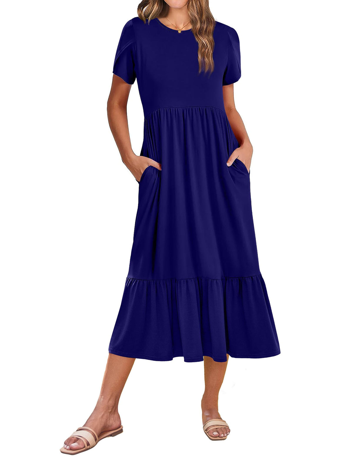 Zeagoo Women Summer Midi A Line Dress Short Sleeve Casual Flowy Tiered Beach Long Sundress with Pockets 2026 Vacation Travel