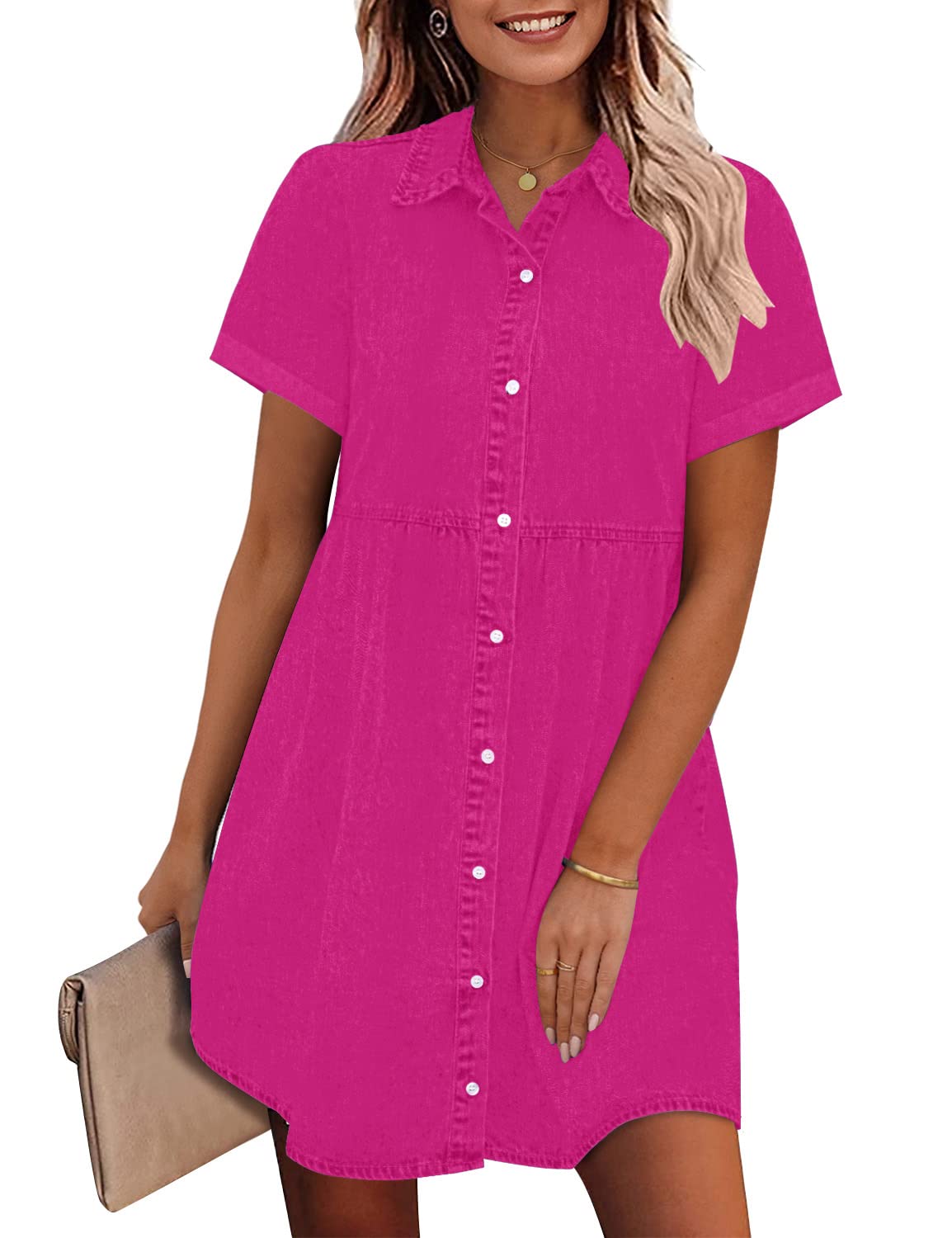 GRAPENT Denim Dress for Women Babydoll Tiered Short Sleeve Button Down Jean Shirt Dresses