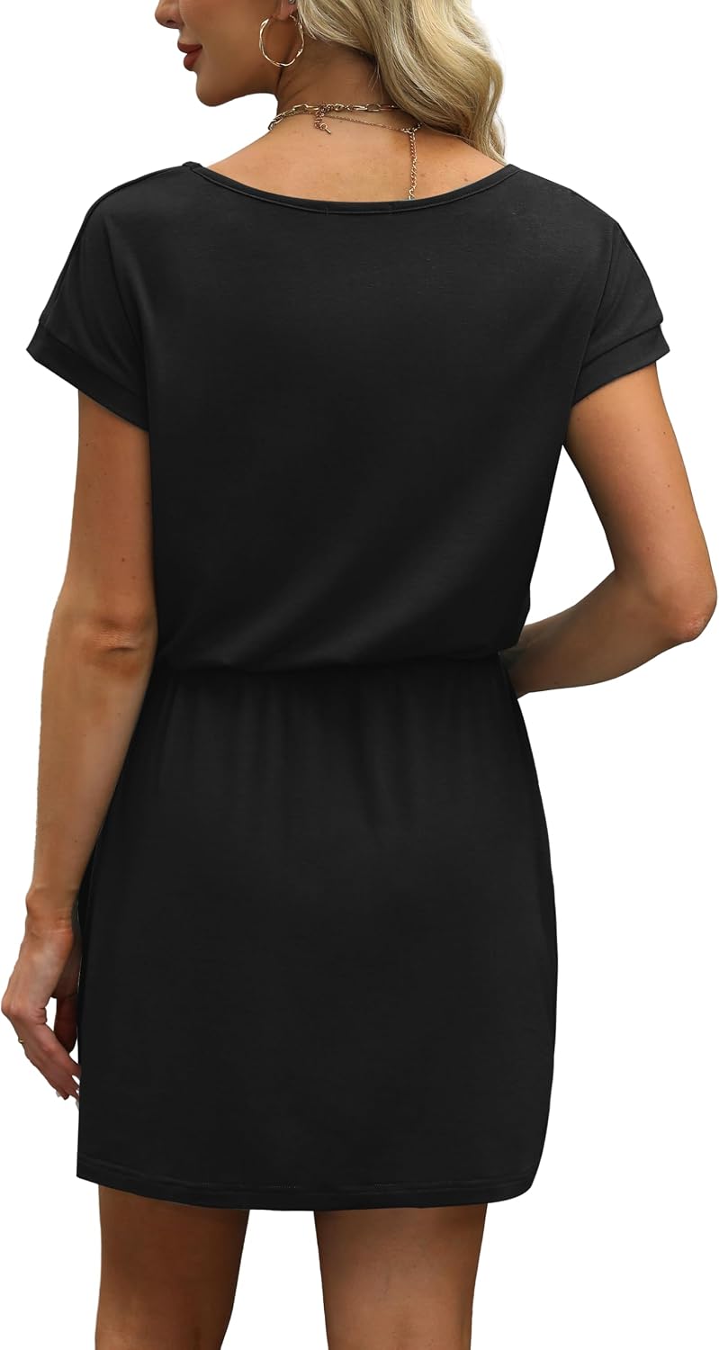 OFEEFAN Summer Dresses for Women 2026 V Neck T Shirt Casual Mini Dresses Tie Waist Sundresses with Pockets