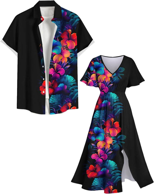ROSE GAL Matchable Couples Hawaiian Men Shirt and Women Vintage V-Neck Split Dress