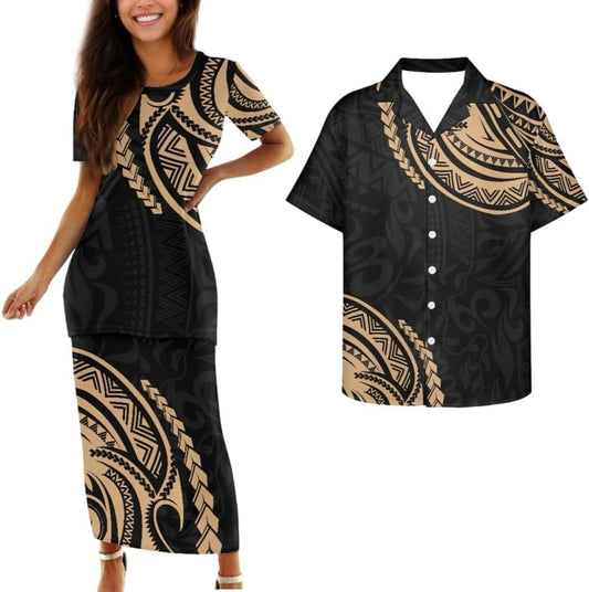 Samoa Couple Outfit Polynesian Dress for Women Traditional Puletasi Shirts for Men Beach Lava Lava Luau