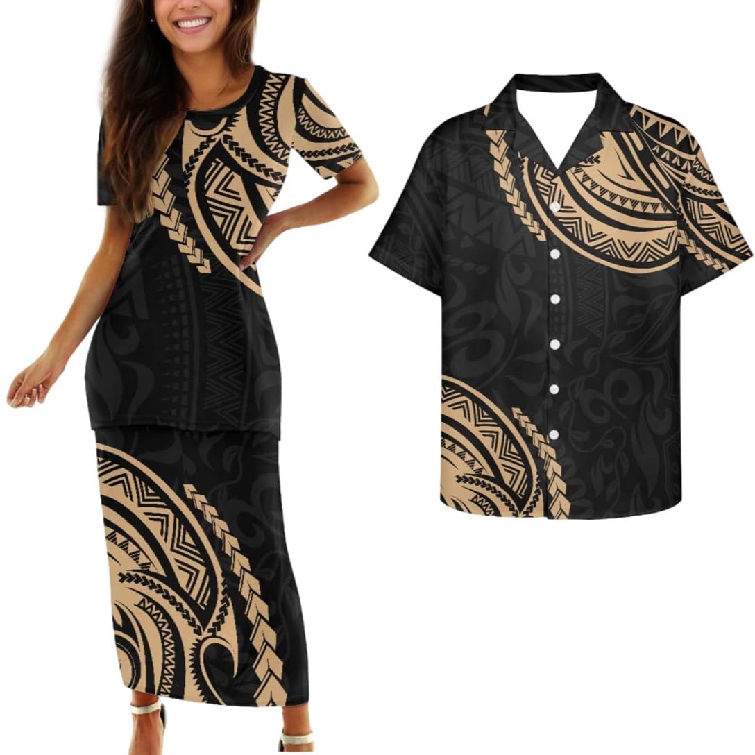Samoa Couple Outfit Polynesian Dress for Women Traditional Puletasi Shirts for Men Beach Lava Lava Luau