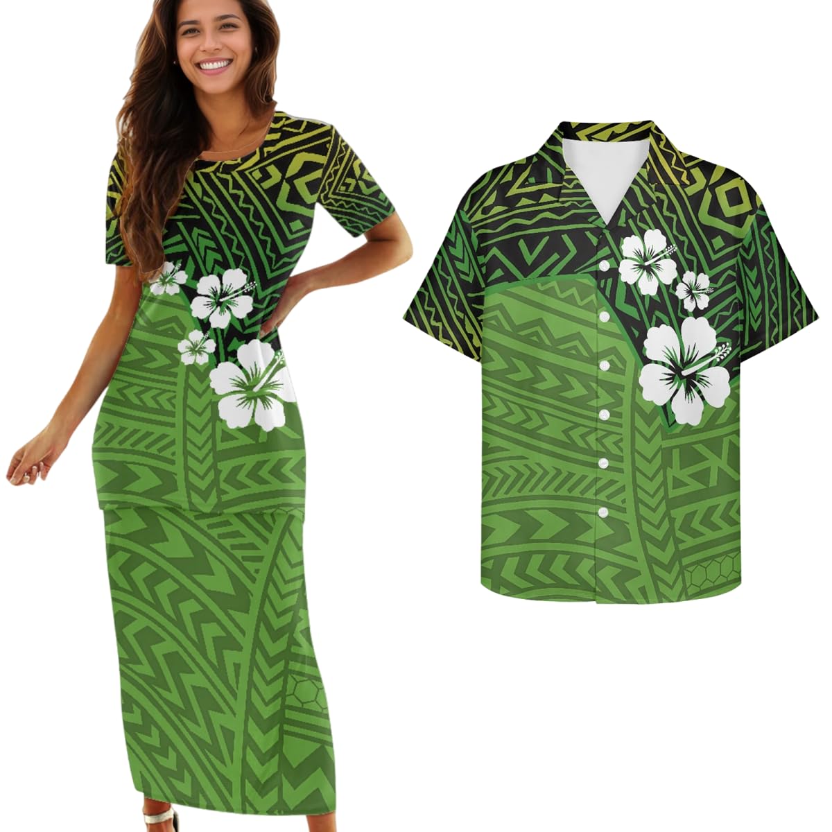 Samoa Couple Outfit Polynesian Dress for Women Traditional Puletasi Shirts for Men Beach Lava Lava Luau