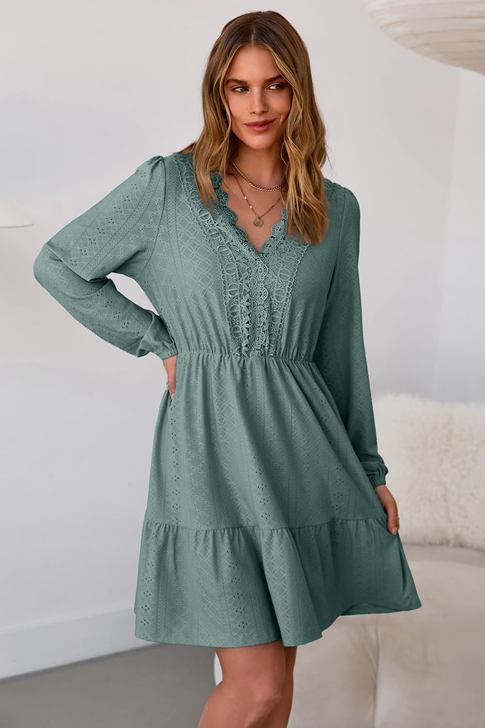 Dokotoo Womens Dresses Lace Hollow Out Embroidered V Neck Long Sleeve Dress