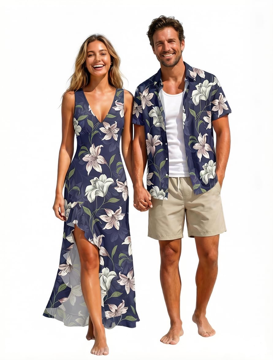 DRESSFO Couple Matching Hawaiian Outfits Flower Leaf Printed Ruffles Split Dress or Men's Short Sleeve Button Up Shirt