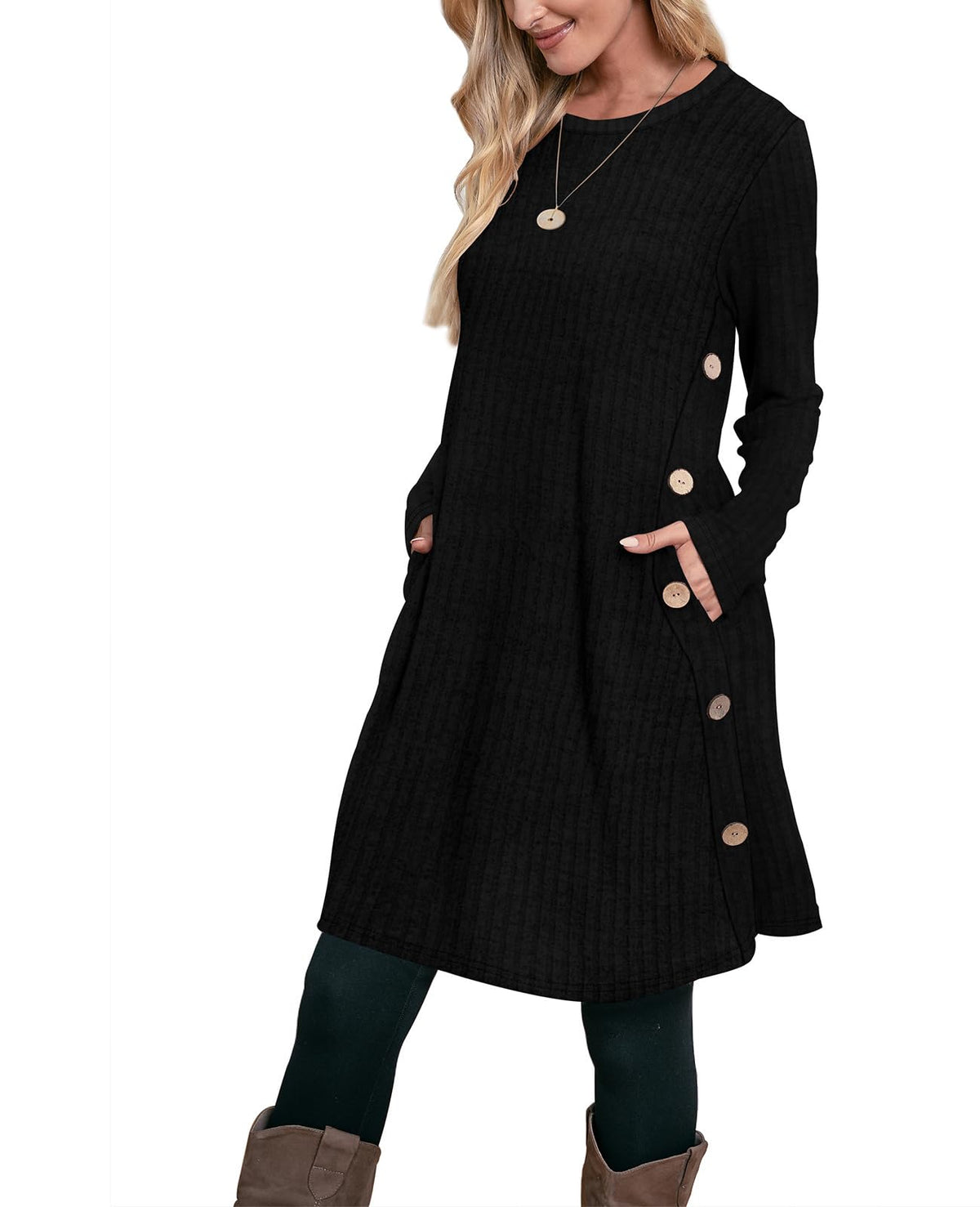 OFEEFAN Fall Dresses for Women 2026 Crew Neck Long Sleeve Dress with Pockets