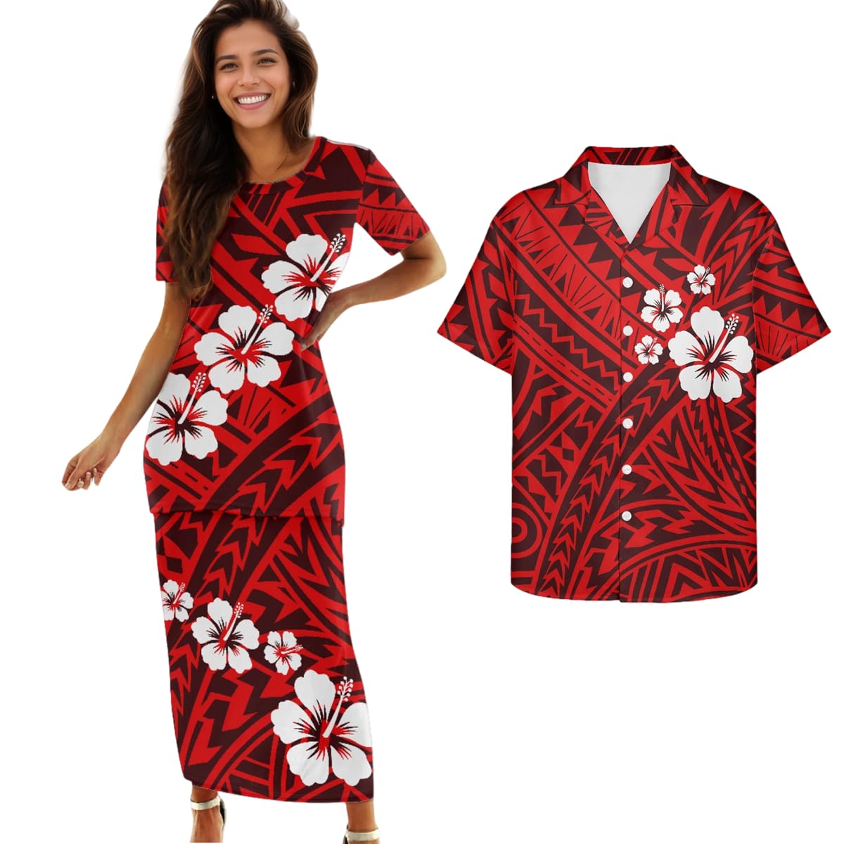 Samoa Couple Outfit Polynesian Dress for Women Traditional Puletasi Shirts for Men Beach Lava Lava Luau
