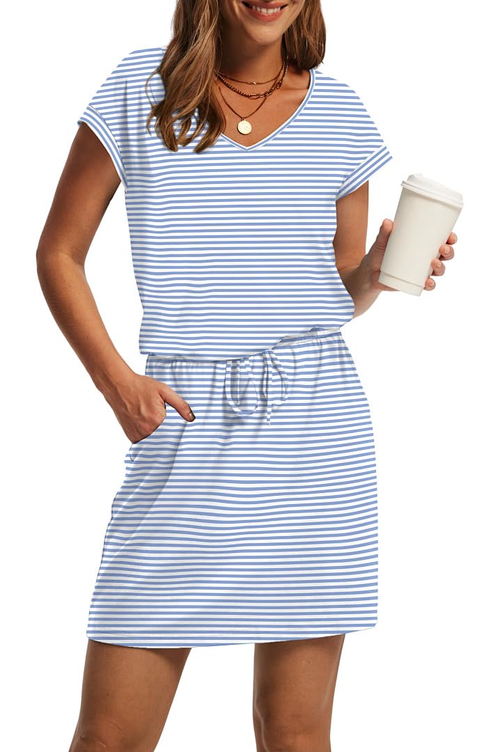 OFEEFAN Summer Dresses for Women 2026 V Neck T Shirt Casual Mini Dresses Tie Waist Sundresses with Pockets