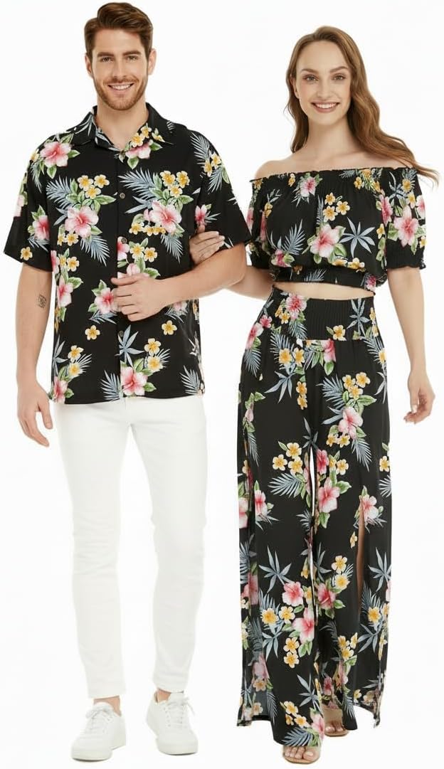 Matchable Couple Hawaiian Shirt or Top & Pants Hibiscus Black