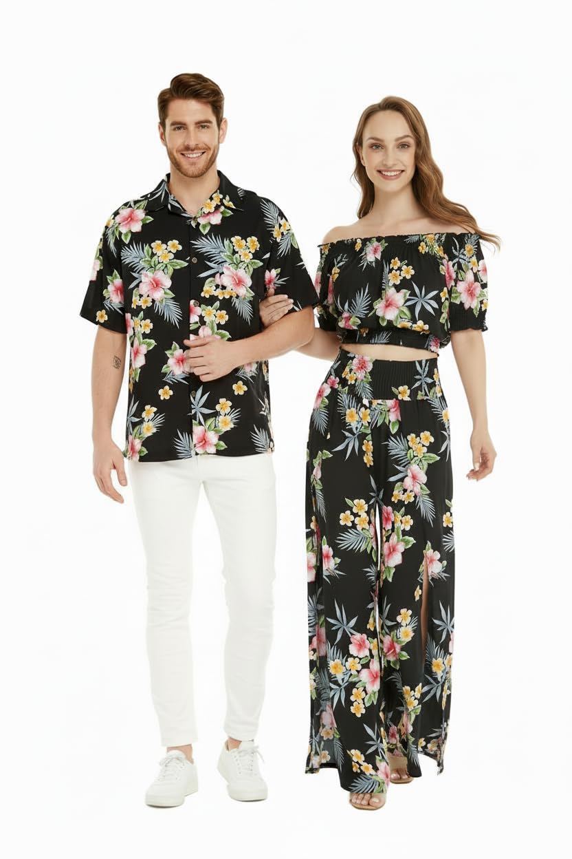 Matchable Couple Hawaiian Shirt or Top & Pants Hibiscus Black