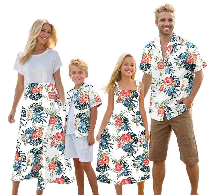 Cromoncent Matching Hawaiian Outfits for Family, Dad and Son Matching Luau Beach Tropical Shirts Mommy Daughter Tropical Sets