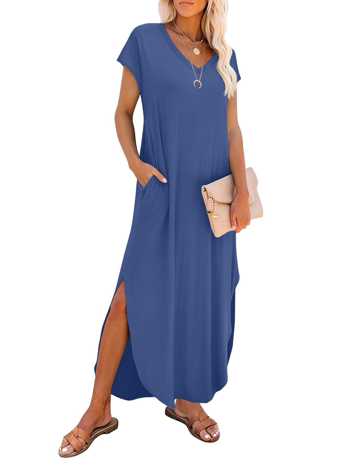 RUMIA Summer Maxi Dresses for Women Cap Sleeve Long Sundress with Pockets