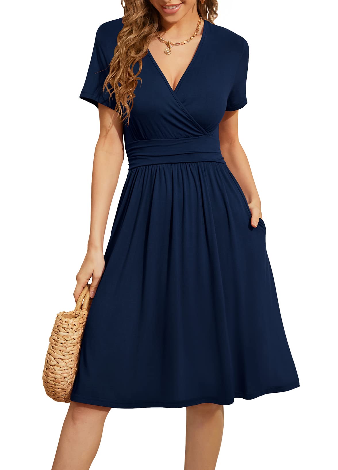 WEACZZY Women's Summer Short Sleeve Casual Dresses V-Neck Floral Party Dress with Pockets