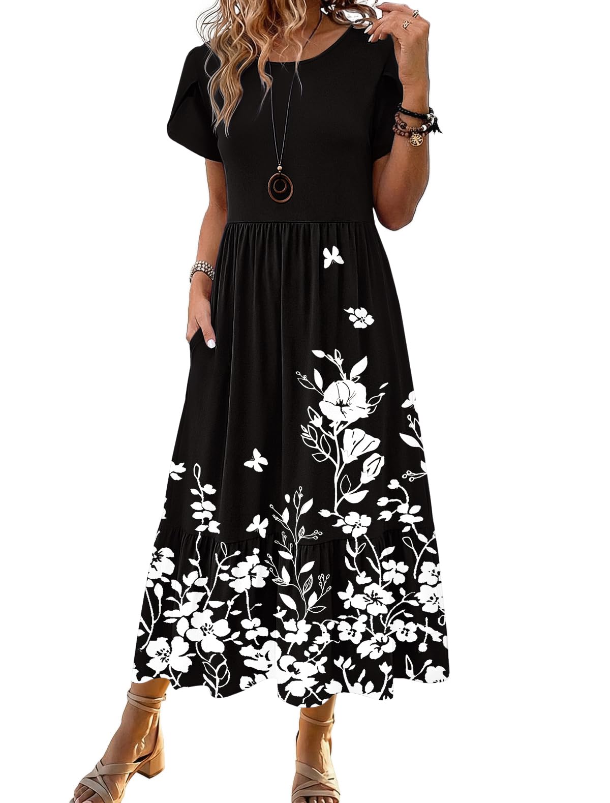 Zeagoo Women Summer Midi A Line Dress Short Sleeve Casual Flowy Tiered Beach Long Sundress with Pockets 2026 Vacation Travel