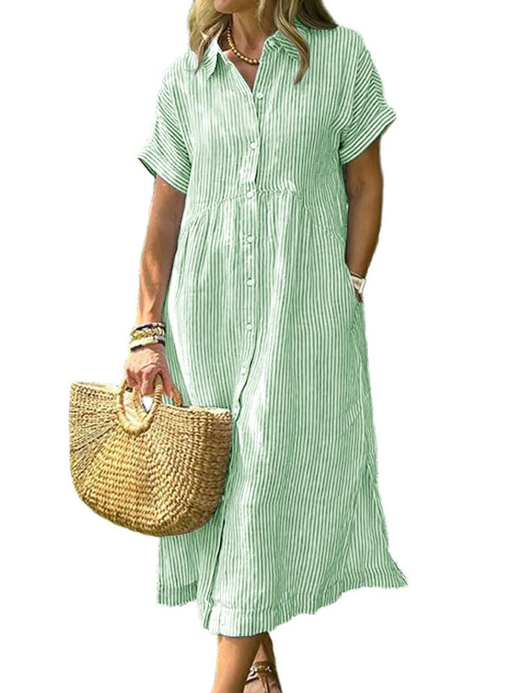 chouyatou Women's Summer Striped Midi Long Shirt Dress Casual Loose Short Sleeve Button Down Dress
