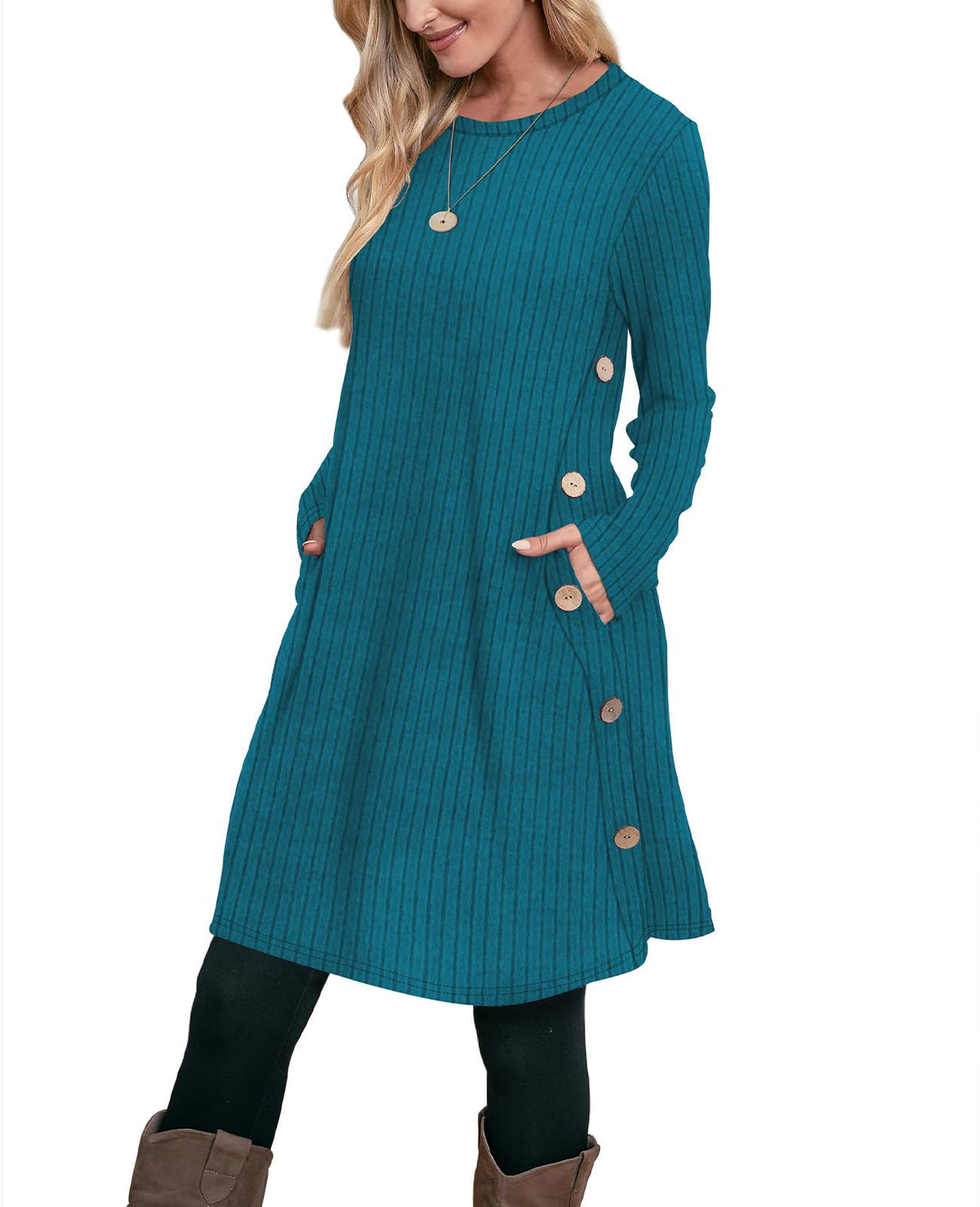 OFEEFAN Fall Dresses for Women 2026 Crew Neck Long Sleeve Dress with Pockets