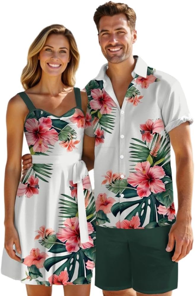 DRESSFO Couple Matching Hawaiian Outfits Allover Flower Print Sundress or Vacation Men's Button Up Shirt Outfit