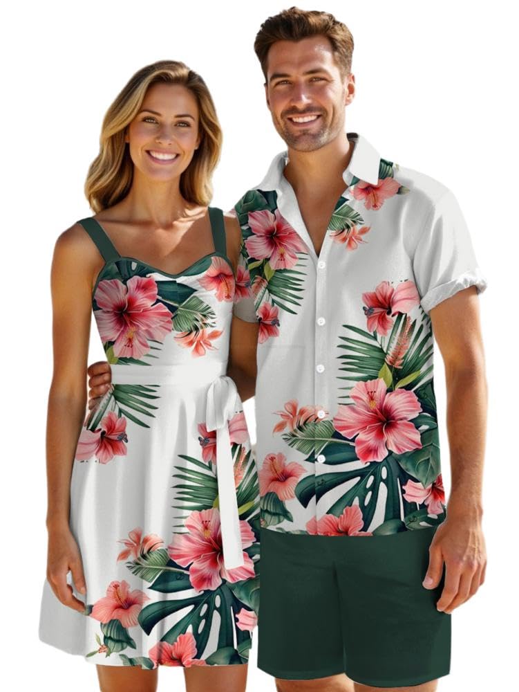DRESSFO Couple Matching Hawaiian Outfits Allover Flower Print Sundress or Vacation Men's Button Up Shirt Outfit